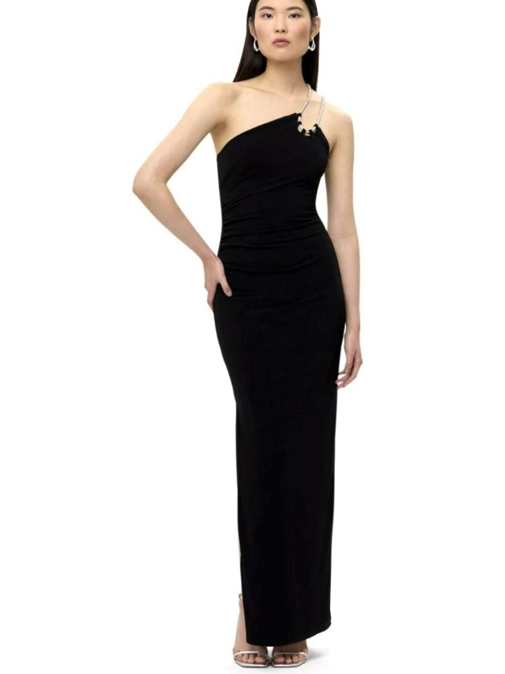 New Herve Leger Genevieve Black Jersey Rhinestone Maxi Dress Formal Gown Medium